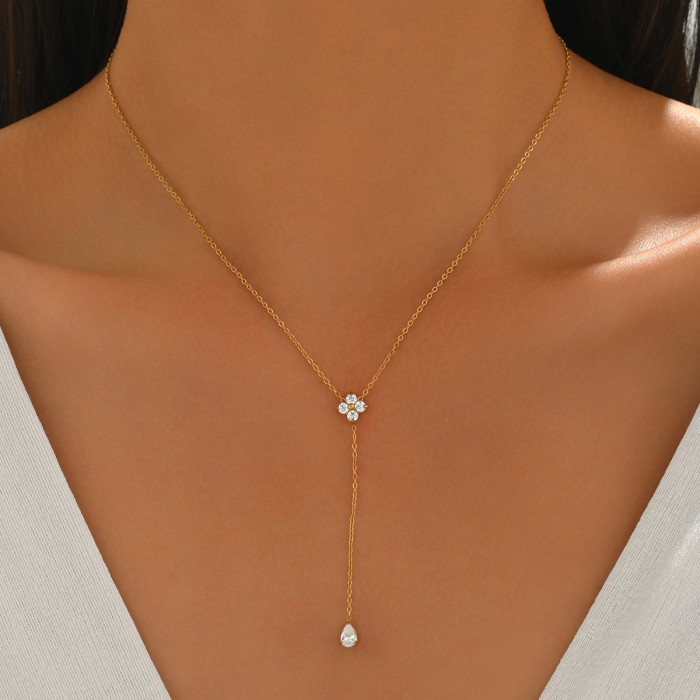 Flower-shaped water drop inlaid with zircon titanium steel Y-shaped niche high-end collarbone chain, versatile and elegant for commuting