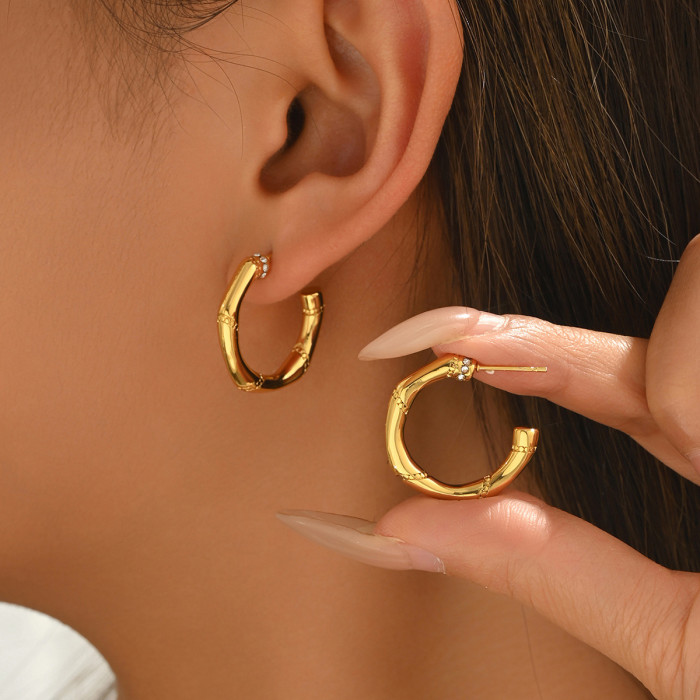 Light Luxury Style Bamboo Zircon Hoop Earrings, Gold Plated C-shaped Earrings, Unique Design Commuter Earrings, Direc...