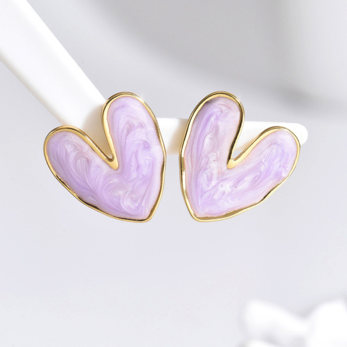 New Japanese and Korean style niche oil-drip heart earrings, exaggerated large version, sweet dopamine heart-shaped stainless steel earrings for women