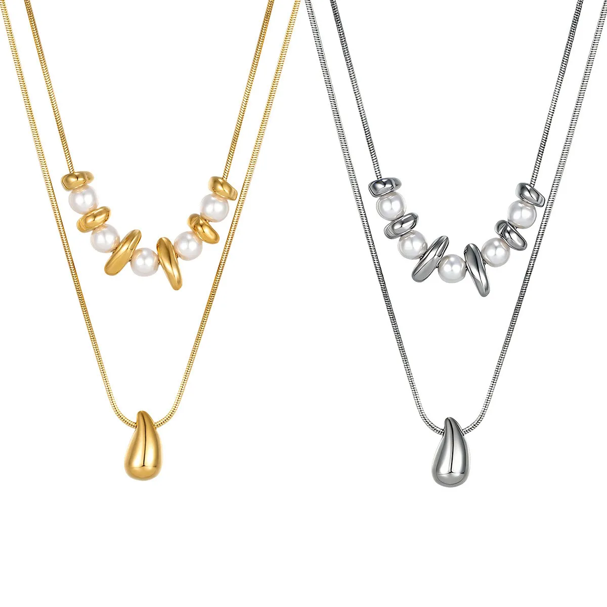 Freshwater pearl water drop layered two-tone stainless steel double-layer necklace, niche exquisite high-end clavicle chain fashion