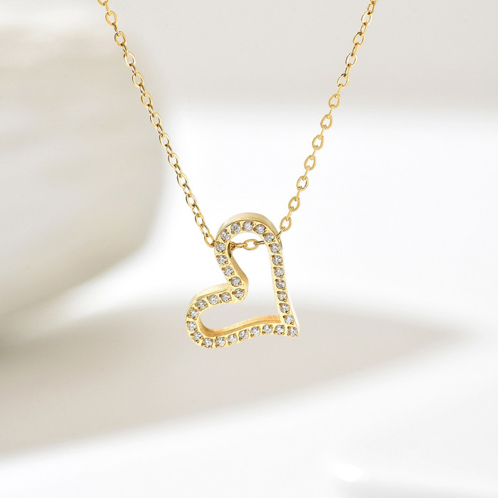 Cross-border European and American fresh and sweet hollow heart-shaped diamond necklace, gold base with sparkling diamonds, niche fine chain, light luxury jewelry