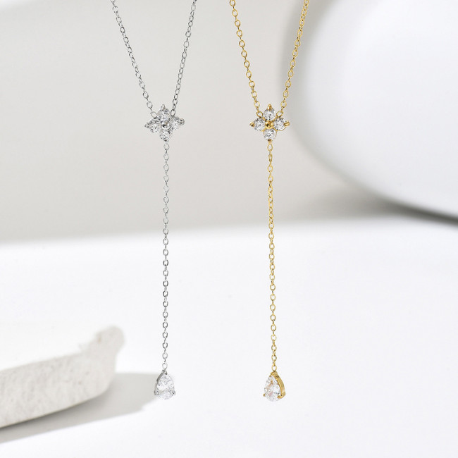Flower-shaped water drop inlaid with zircon titanium steel Y-shaped niche high-end collarbone chain, versatile and elegant for commuting