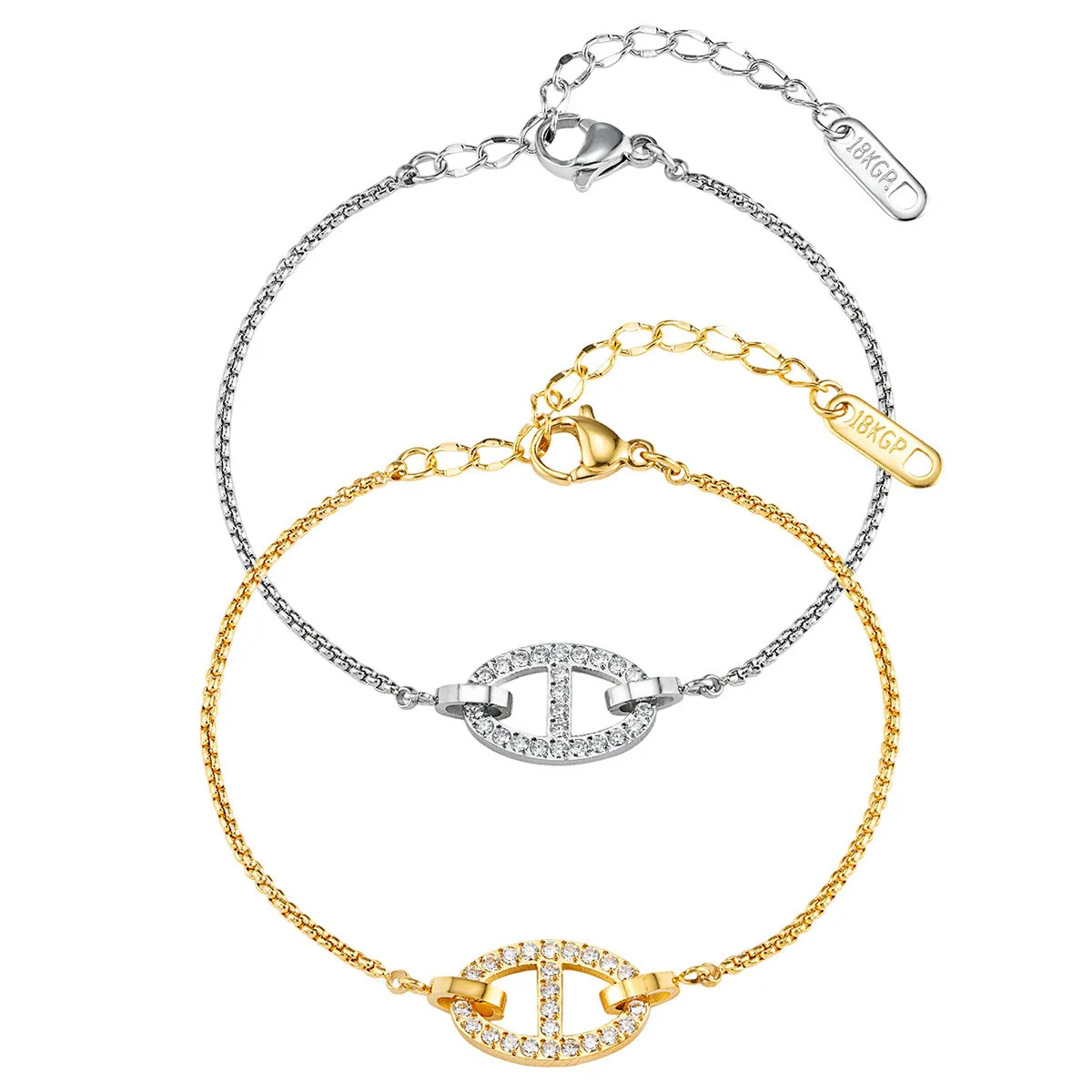 Diamond-embellished oval clasp fine chain bracelet in gold and steel two-tone + light luxury sparkling diamonds, unique clasp design, versatile and stylish