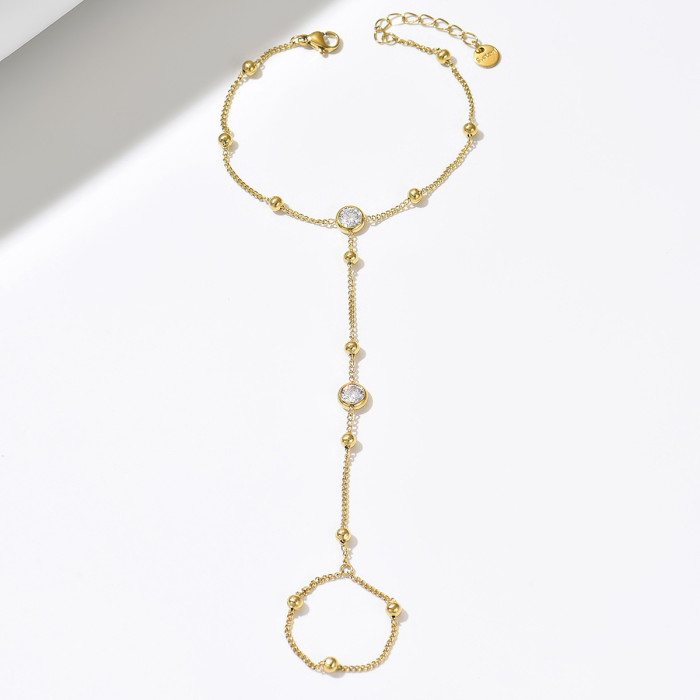 Style Gold Plated Stainless Steel Finger Chain Bracelet with Zirconia, Exquisite and Unique with a High-end Feel, Ver...