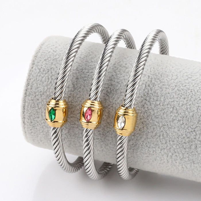 Twisted wire bracelet for women, multi-color zircon woven titanium steel bracelet, stainless steel wire rope oval square diamond jewelry wholesale