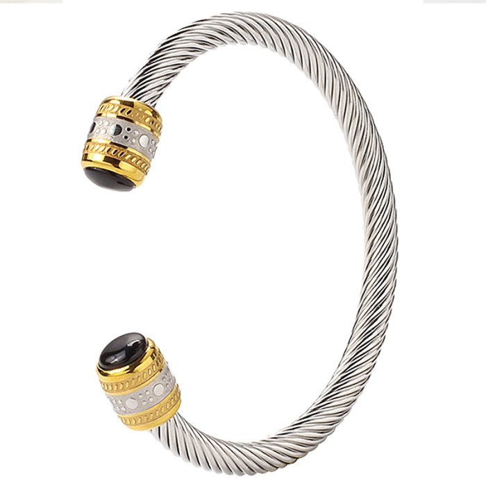 New European and American style two-tone titanium steel bracelet with polka dot pattern, non-fading twisted wire bracelet with black agate, wholesale.