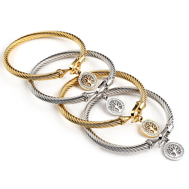 European and American Style Tree of Life Horseshoe Buckle Stainless Steel Bracelet for Women, Summer Fashion Titanium Steel 18k Gold Diamond-Encrusted Bracelet Wholesale