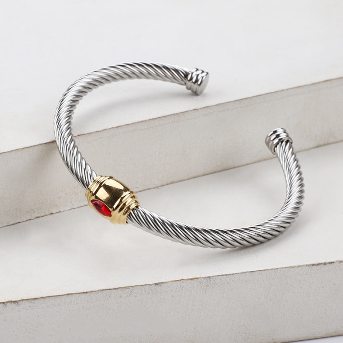 Twisted wire bracelet for women, multi-color zircon woven titanium steel bracelet, stainless steel wire rope oval square diamond jewelry wholesale