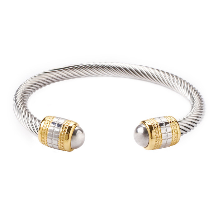 Manufacturer wholesale men's titanium steel bracelet with square pattern, non-fading twisted cord, black agate beads, open bangle