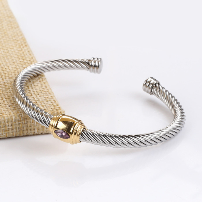Twisted wire bracelet for women, multi-color zircon woven titanium steel bracelet, stainless steel wire rope oval square diamond jewelry wholesale