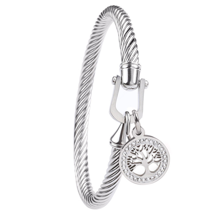 European and American Style Tree of Life Horseshoe Buckle Stainless Steel Bracelet for Women, Summer Fashion Titanium Steel 18k Gold Diamond-Encrusted Bracelet Wholesale