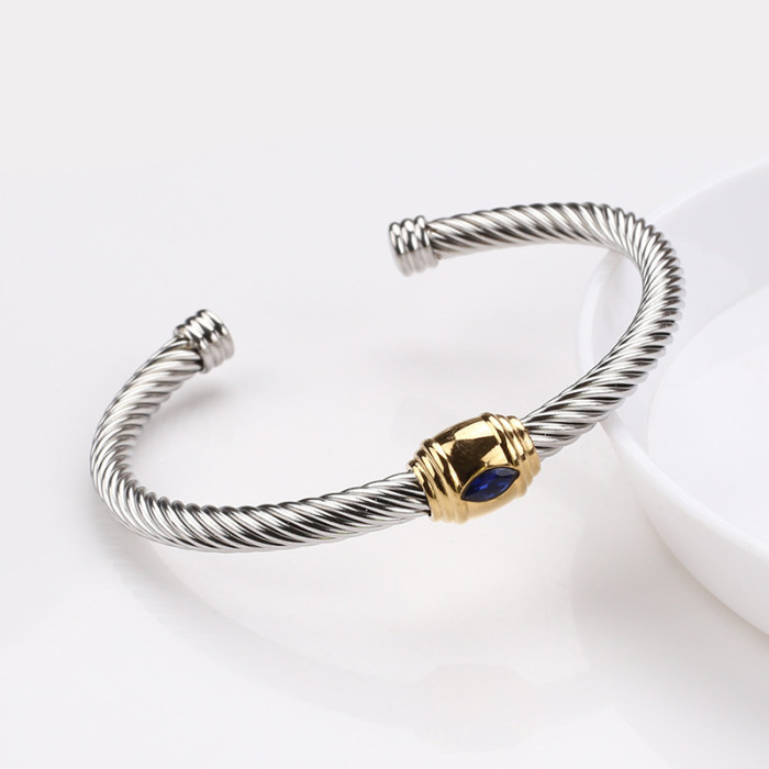 Twisted wire bracelet for women, multi-color zircon woven titanium steel bracelet, stainless steel wire rope oval square diamond jewelry wholesale