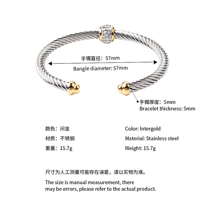 High-Quality Stainless Steel Bracelet for Women, Twisted Wire Bangle with Oval Ball and White Diamond, Titanium Steel 18k Gold Couple's Bracelet