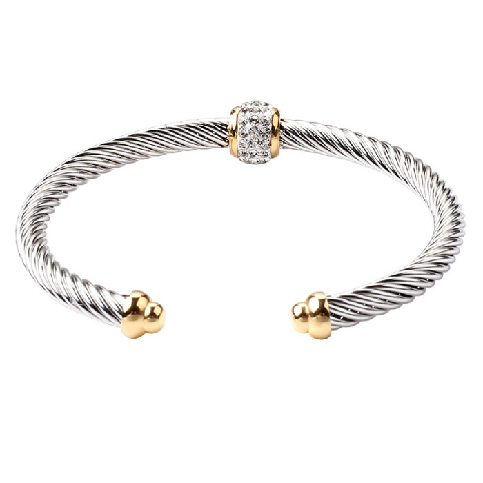 High-Quality Stainless Steel Bracelet for Women, Twisted Wire Bangle with Oval Ball and White Diamond, Titanium Steel 18k Gold Couple's Bracelet