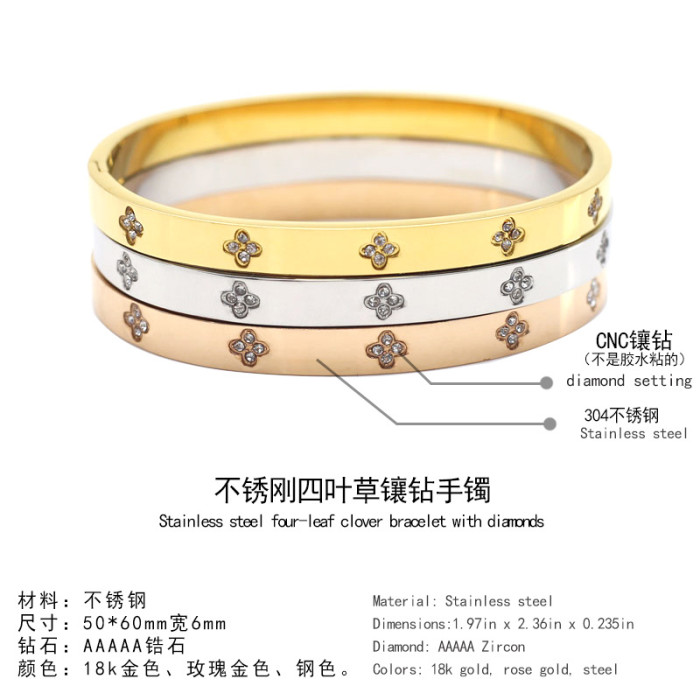 Four-leaf Clover Titanium Steel Bracelet for Women, High-end Stone-Studded Flower-shaped Individually Packaged Brac...