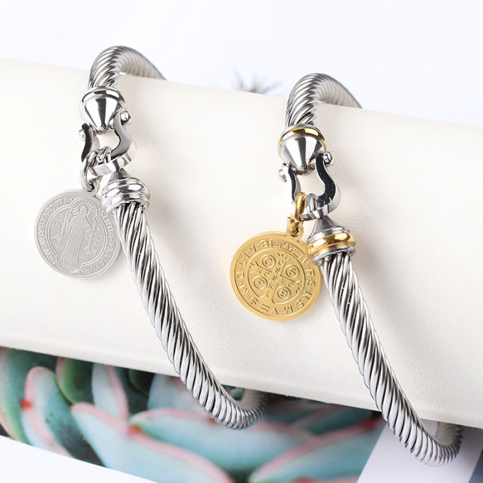 European and American stainless steel bracelet, new steel wire Saint Benedict round tag circle pattern bracelet, 18K gold jewelry