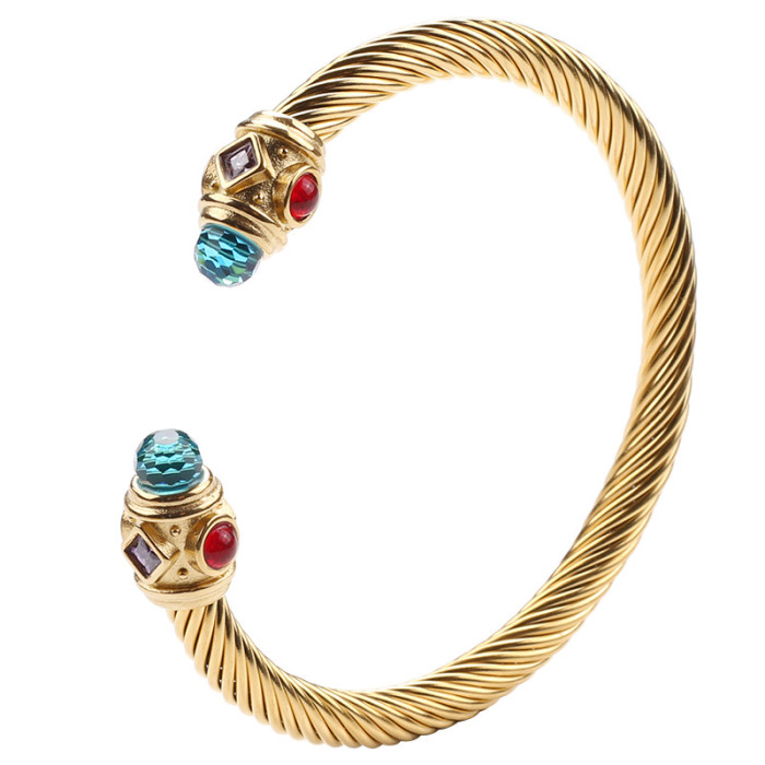 Stainless Steel Bracelets with Multiple Stones, Titanium Steel Wire Rope Bracelets, Open Twisted Wire Style Braided...