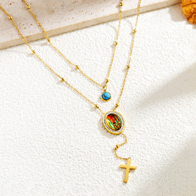 Cross-border pendant necklace, colorful cross, stainless steel jewelry, oval Madonna portrait earrings, niche high-end set
