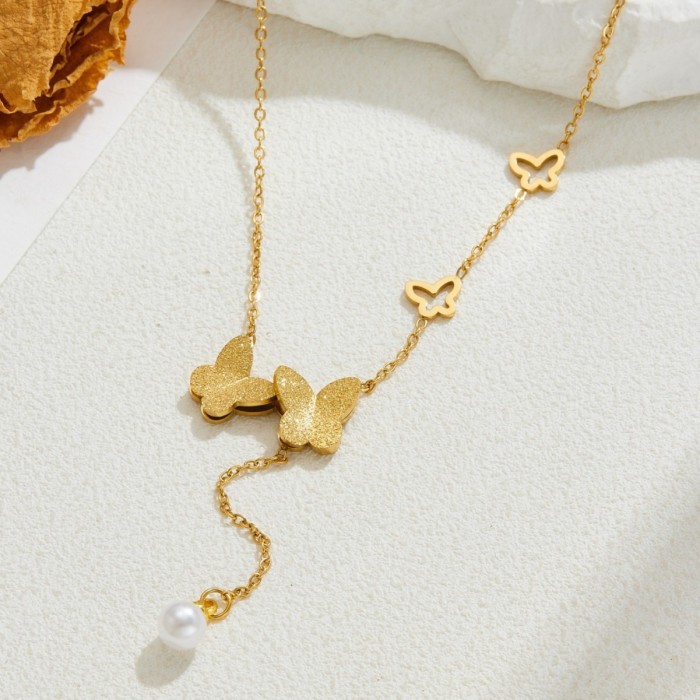 European and American fashion titanium steel butterfly shell bead tassel necklace for women, summer collarbone chain, niche light luxury, high-end versatile accessory