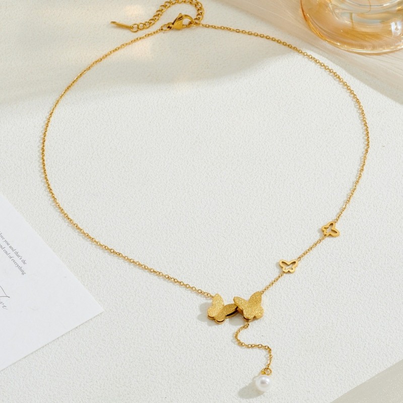 European and American fashion titanium steel butterfly shell bead tassel necklace for women, summer collarbone chain, niche light luxury, high-end versatile accessory