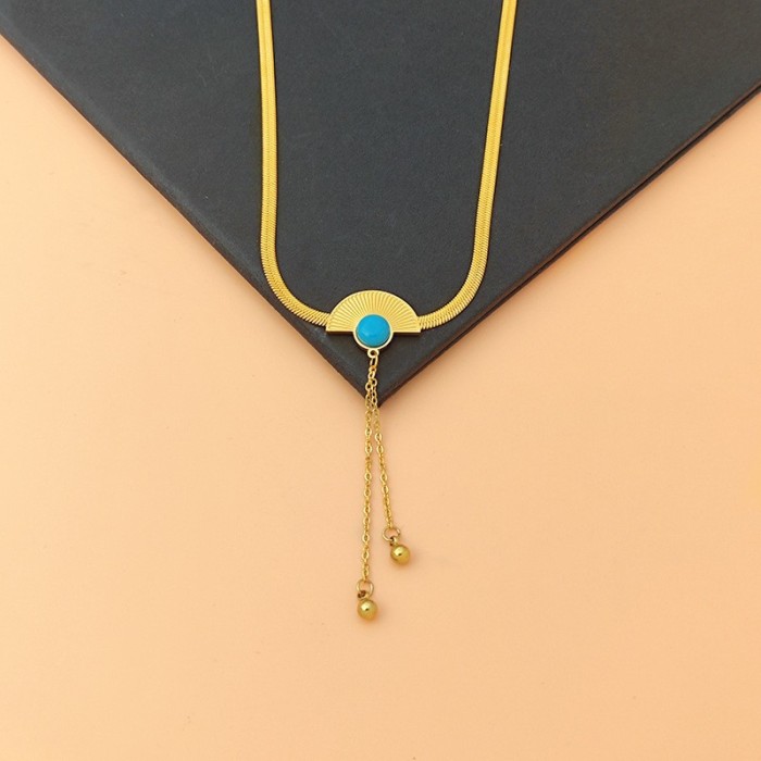European and American creative and unique niche chain tassel fan-shaped turquoise titanium steel snake bone chain vintage high-end versatile necklace