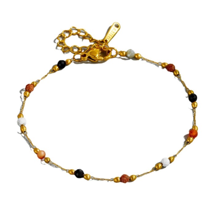 European and American Ins-style stainless steel, gold-plated titanium steel mixed with natural stone bead design necklace and bracelet jewelry set