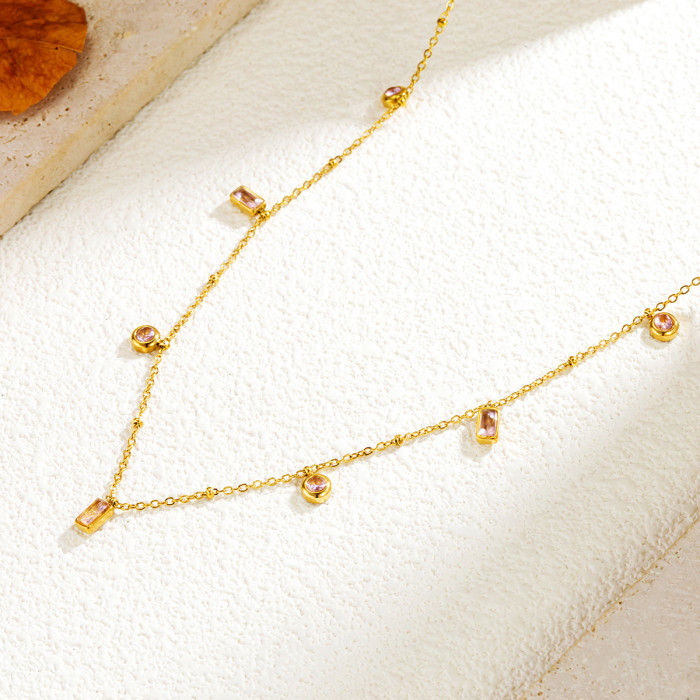 Ins-style 18K Gold Square and Pink-purple Round Pendant Necklace, Fashion Versatile Non-fading Bracelet Wholesale