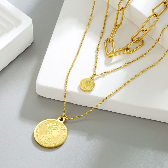 European and American fashion creative and unique multi-layered chain metal coin round pendant titanium steel choker necklace trendy