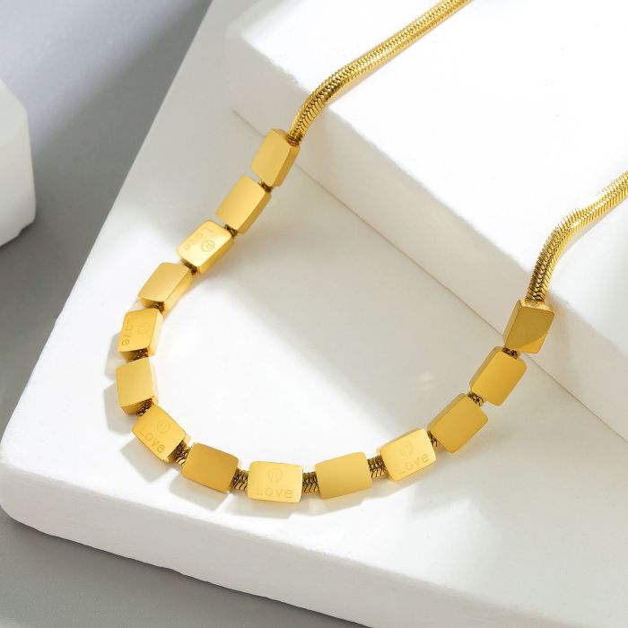 Women's Necklace: Gold Letter Small Square Titanium Steel Love Bracelet, Niche Design, Minimalist Style Necklace Set