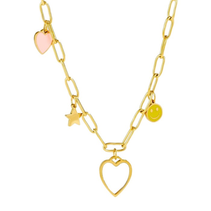 New European and American cross-border heart, moon, star, and smiley face pendants with zircon inlay, fashionable and versatile, with a light luxury feel, titanium steel necklace