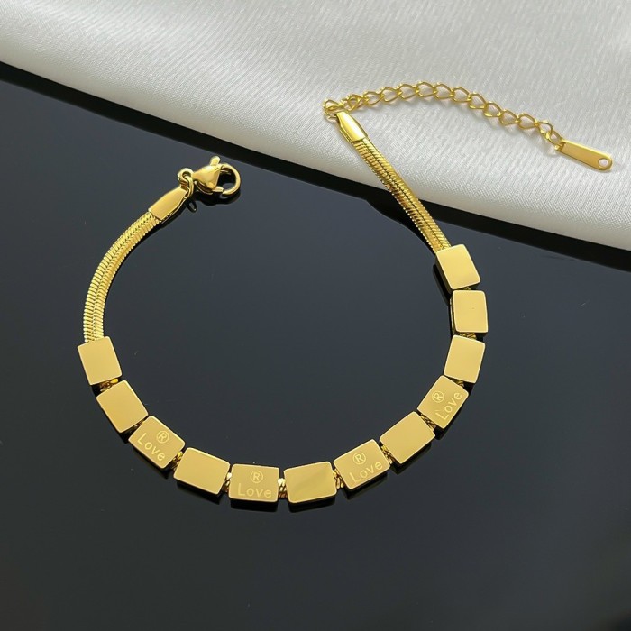 Women's Necklace: Gold Letter Small Square Titanium Steel Love Bracelet, Niche Design, Minimalist Style Necklace Set