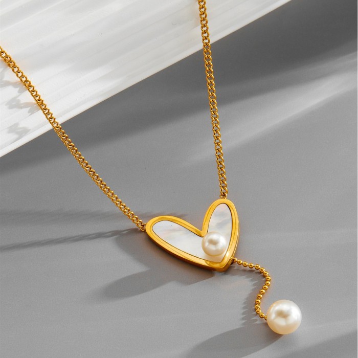 Fashionable and Unique New Simple Double-Layered Heart-Shaped Diamond-Studded Square Pearl Round Tag Eye Pendant Necklace