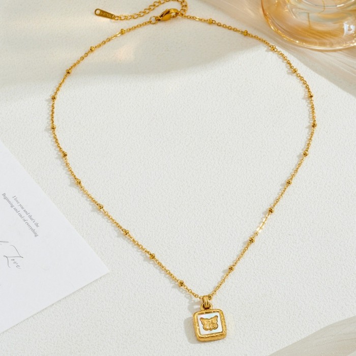 Titanium steel 18k square pendant mother-of-pearl butterfly relief bead collarbone necklace for women, niche design with a high-end fairy style
