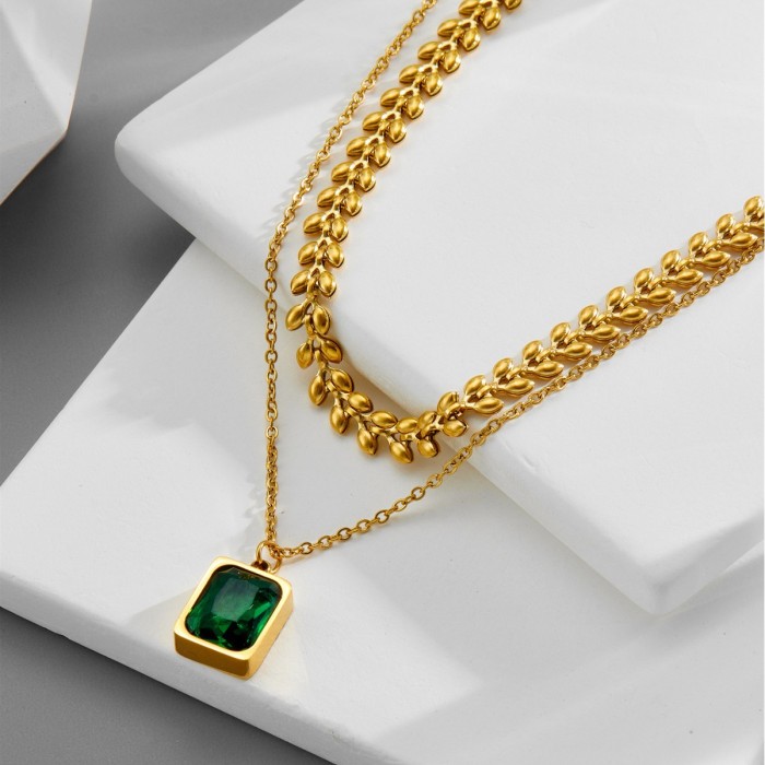 Cross-border European and American emerald zircon titanium steel stainless steel necklace with wheat ear multi-layer versatile design jewelry wholesale