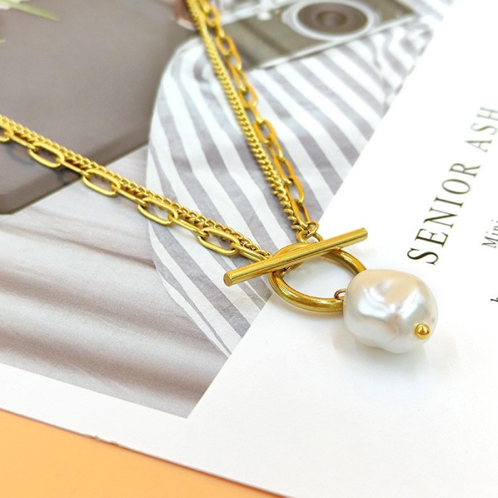 Cross-border European and American titanium steel double-layer clavicle necklace for women with pearl pendant, light luxury niche design, high-end feel, wholesale