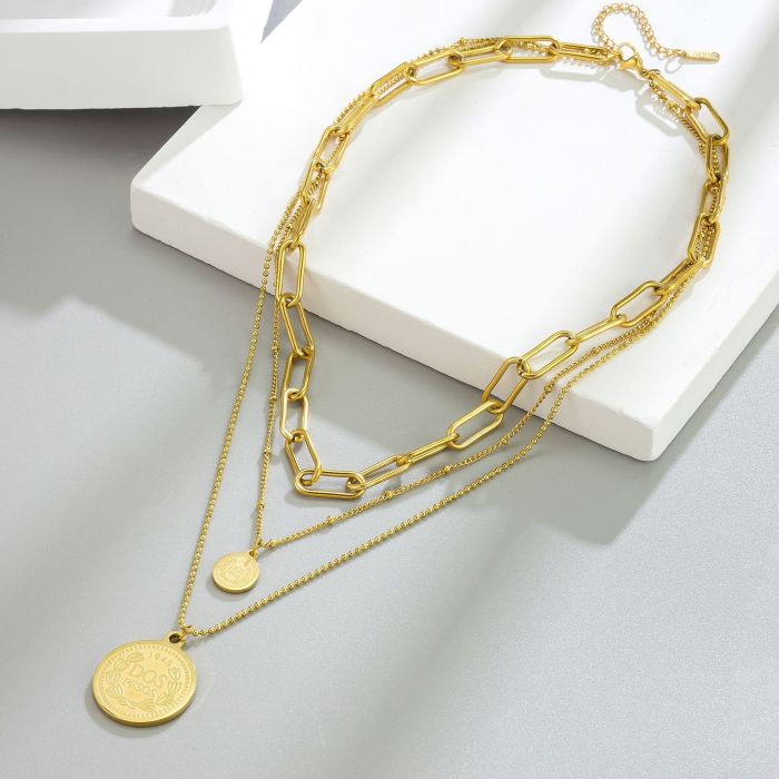 European and American fashion creative and unique multi-layered chain metal coin round pendant titanium steel choker necklace trendy