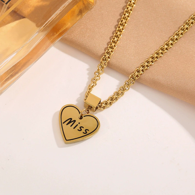Korean and Japanese retro heart-shaped letter pendant titanium steel necklace for women, ins hip-hop niche trendy minimalist versatile sweater chain