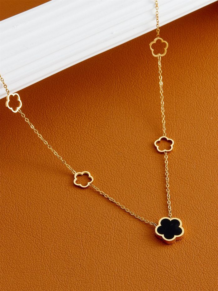 Simple and Stylish High-end Titanium Steel Plated with 18K Gold Four-leaf Clover and Five-leaf Flower Women's Necklac...