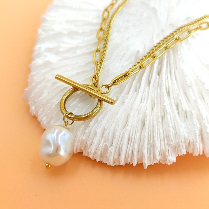 Cross-border European and American titanium steel double-layer clavicle necklace for women with pearl pendant, light luxury niche design, high-end feel, wholesale