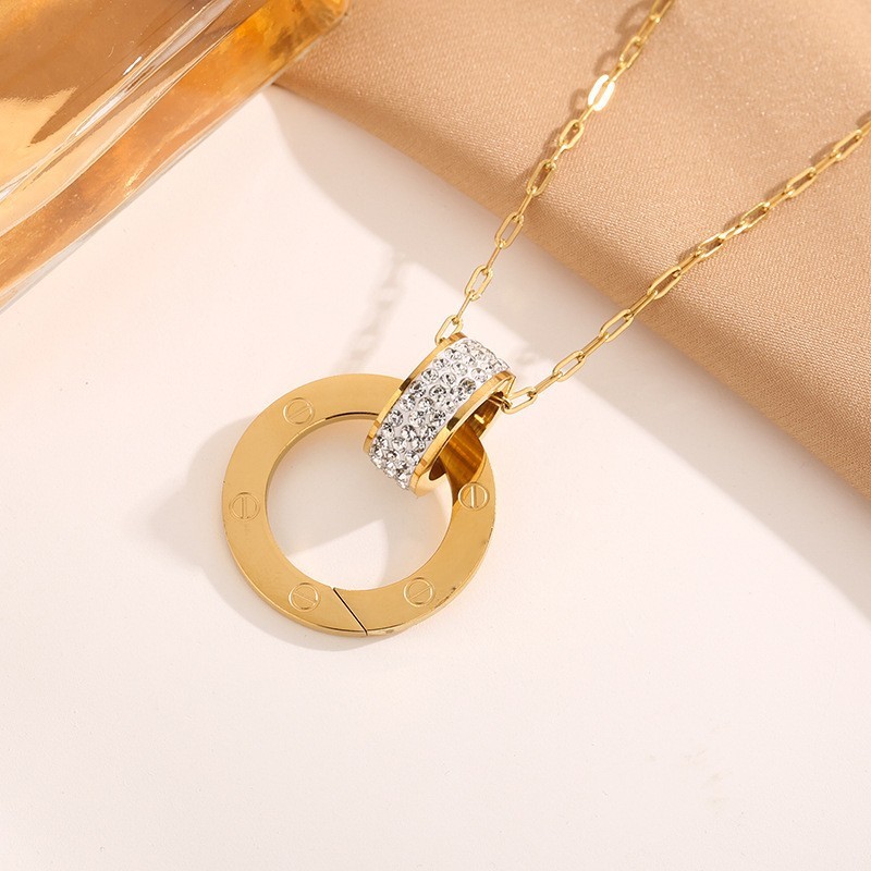 Kajia LOVE pure silver fashion circular disc pendant collarbone chain single ring double ring triple ring diamond-encrusted necklace