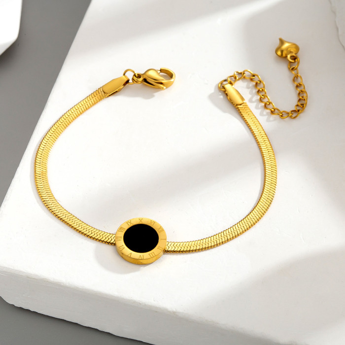 Simple round black Roman numeral stainless steel necklace set with snake bone chain, collarbone chain, pendant, bracelet, and earrings