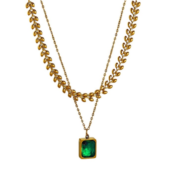 Cross-border European and American emerald zircon titanium steel stainless steel necklace with wheat ear multi-layer versatile design jewelry wholesale