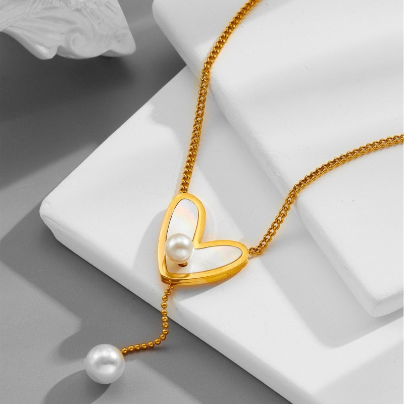 Fashionable and Unique New Simple Double-Layered Heart-Shaped Diamond-Studded Square Pearl Round Tag Eye Pendant Necklace
