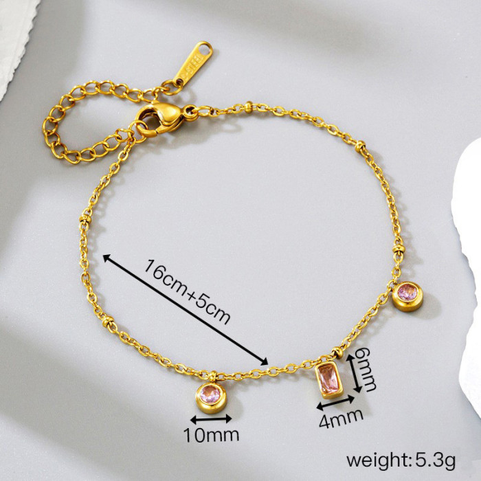 Ins-style 18K Gold Square and Pink-purple Round Pendant Necklace, Fashion Versatile Non-fading Bracelet Wholesale