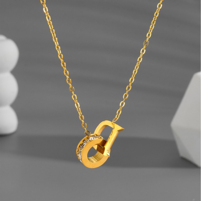 DO letter double-ring 18k necklace for women, inlaid with diamonds, titanium steel, anti-fading, stylish and trendy collarbone chain, simple and fashionable, niche design