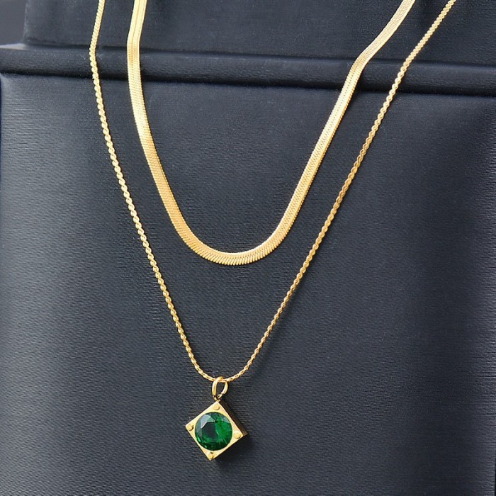 Niche Personalized Simple High-end Green Stone Pendant Titanium Steel Double-layer Chain Necklace Wholesale