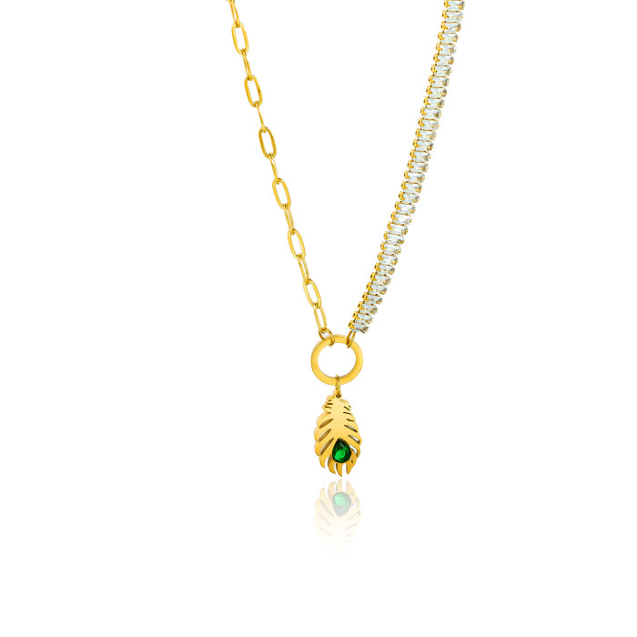 European and American cross-border personalized niche stainless steel necklace with feather inlaid green diamond, gold-plated, light luxury fashion titanium steel necklace for women