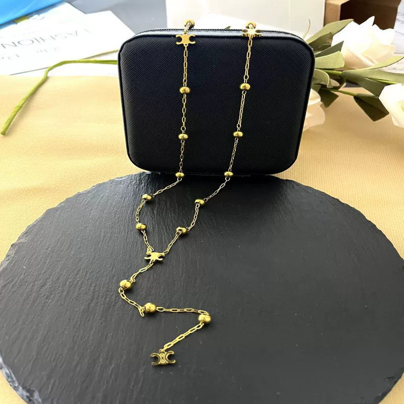 Classic Arc de Triomphe Series European and American High-End Electroplated 18k Real Gold Bead Long Chain Niche Light Luxury Fashion Necklace