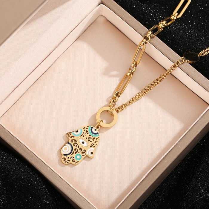 Cross-border hot-selling titanium steel necklace for women, oil-drip Buddha pendant, sweater chain, fashionable light luxury stainless steel necklace wholesale