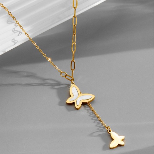 Korean-style ins-style titanium steel butterfly white shell necklace for women, personalized trendy collarbone chain, versatile ins-style fashion choker for women